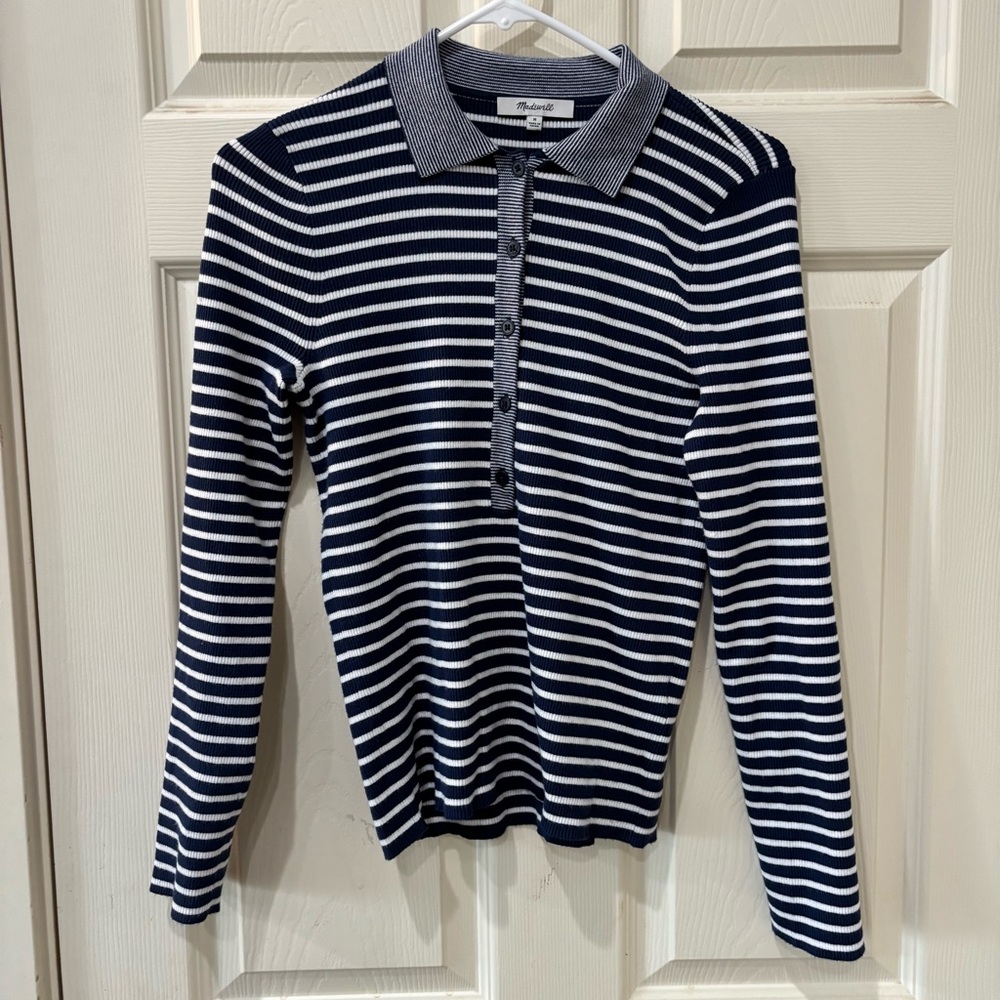 MADEWELL The Signature Knit Polo Sweater Top in Stripe Medium - Picture 6 of 12
